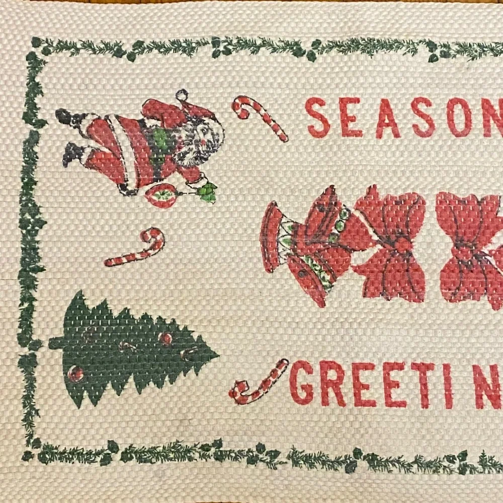 Vintage Christmas Seasons Greetings Santa Tree Bells Woven Rag Rug Holiday Decor